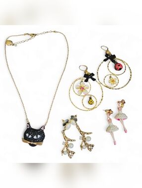 Betsey Johnson Black Cat Necklace with 3 Pair Of Playful BJ Earrings Bundle